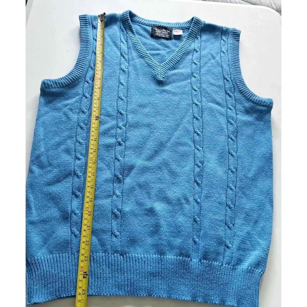 Vtg 70s 80s Preppy Grandpa Cable Knit Sweater Vest Mens Large Blue Acrylic Boho
